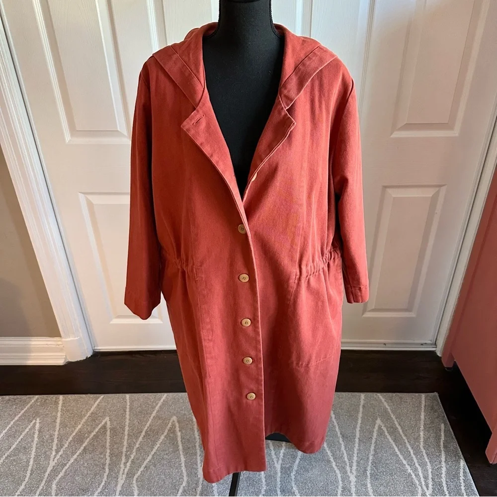 Ilana Kohn Muted Red Hooded Utility Trench Coat with Cinche Waist - Picture 2 of 7